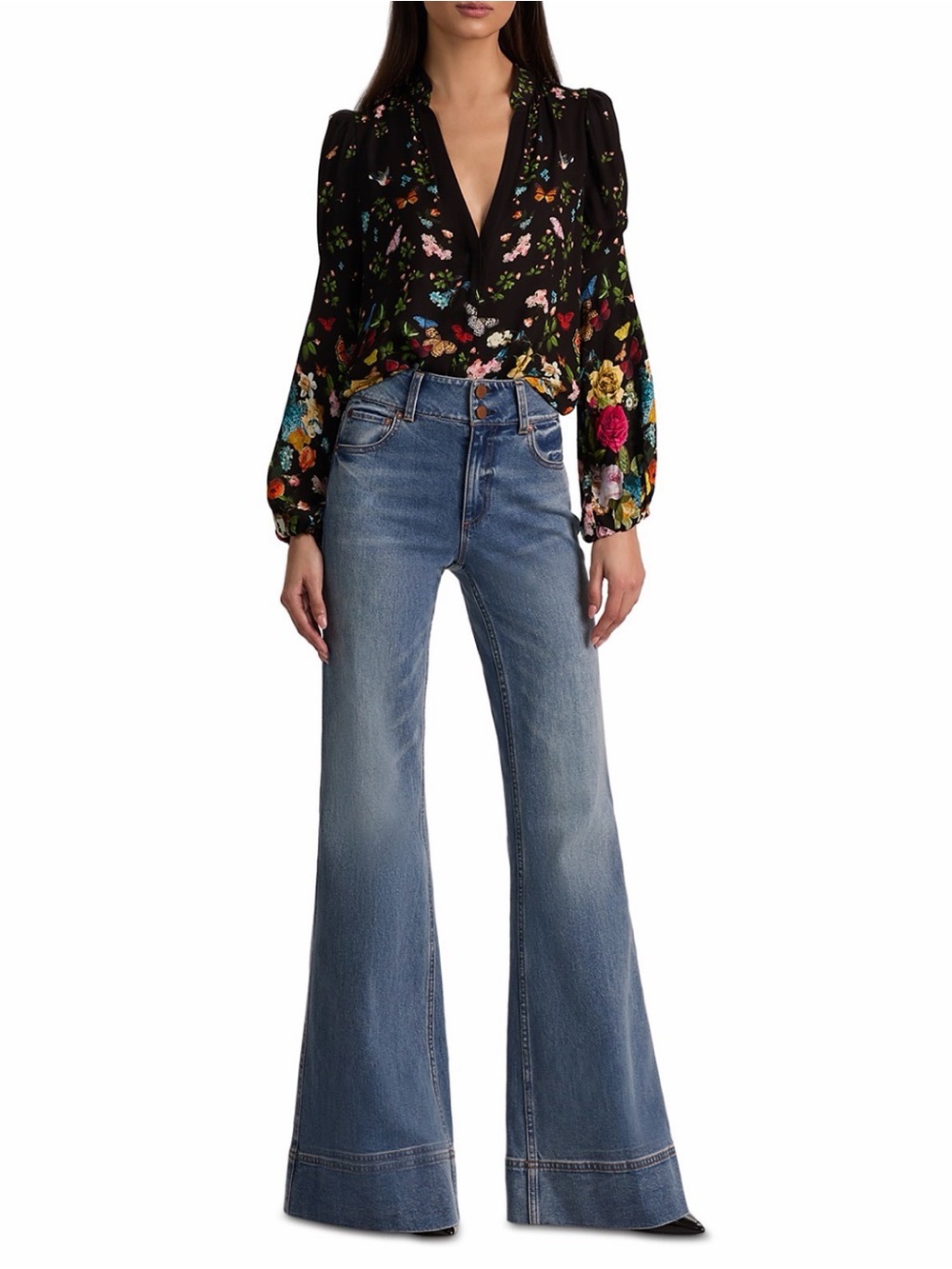 Alice + Olivia Helen Blouson Sleeve Blouse |Black Butterfly Floral Print |Size M - Picture 5 of 5